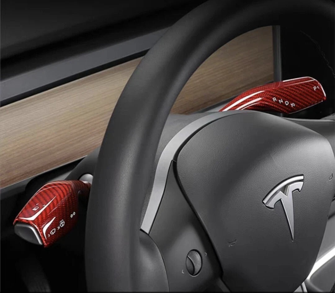 Tesla Model 3/Y steering wheel stalk cover Glossy Red Carbon Fiber 2pcs