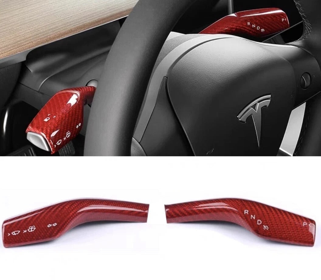 Tesla Model 3/Y steering wheel stalk cover Glossy Red Carbon Fiber 2pcs