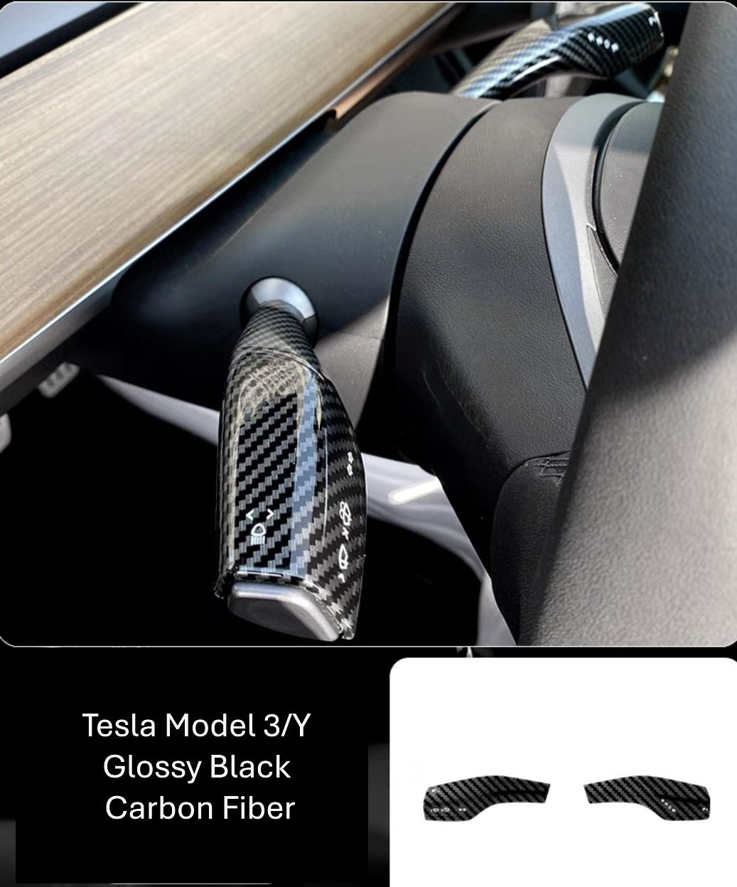 Tesla Model 3/Y steering wheel stalk cover Glossy Black Carbon Fiber 2pcs